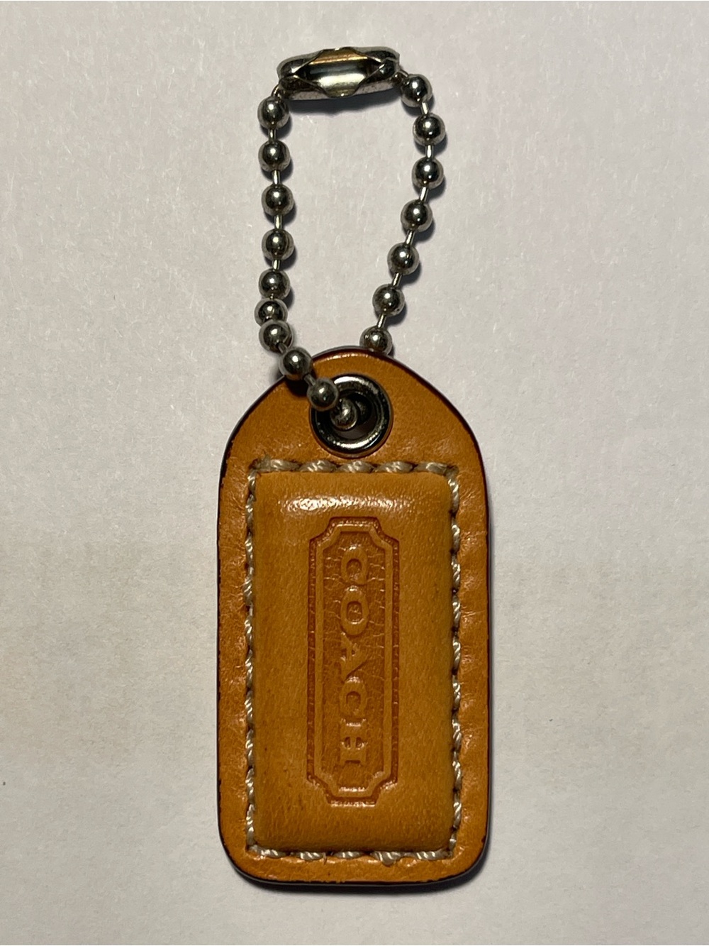 Coach Tan Leather Key Hang Tag with Silver Ball Chain